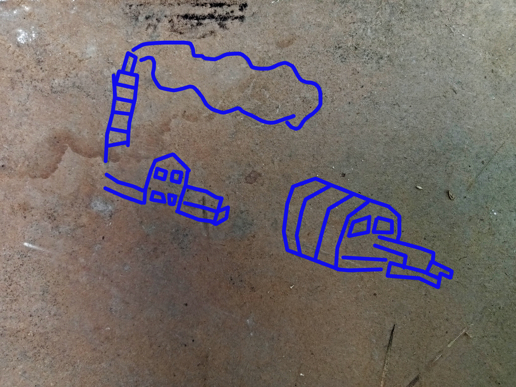 Enhanced sketch of mine and ancillary buildings on a daffodil box - Rumleigh House